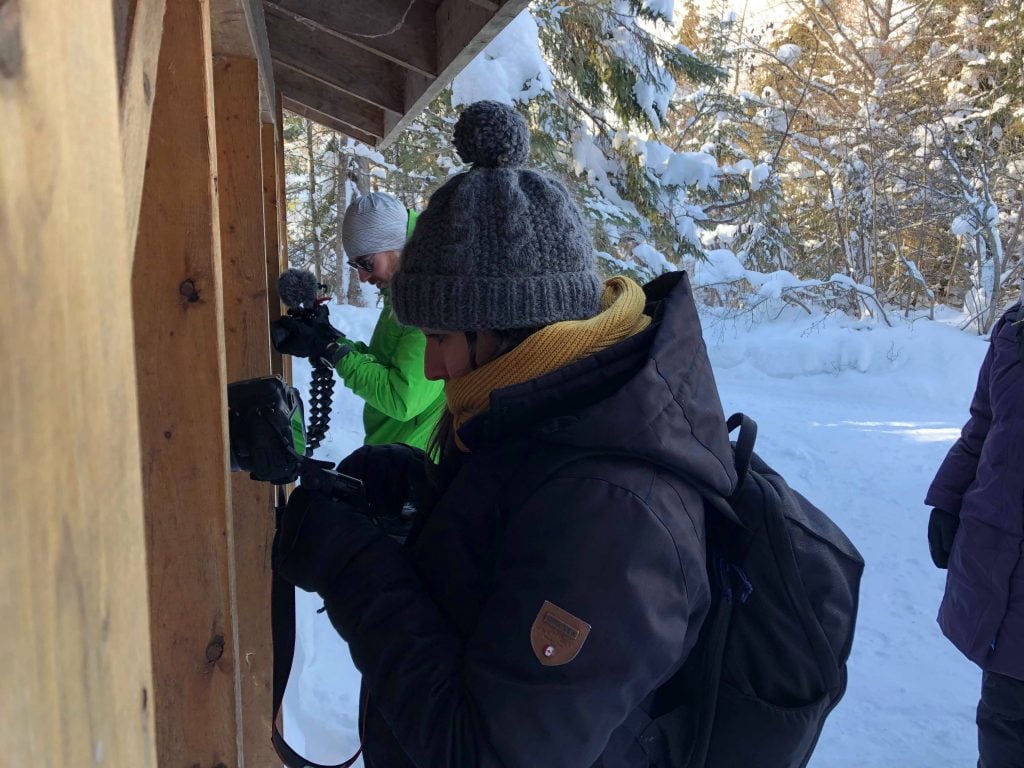 Léa et Benoit prennent des photos des animaux sauvés par le Refuge Pageau à Amos, en Abitibi-Témiscamingue, lors de la visite pendant le Défi Hiver #pasfretteauQC 2019.