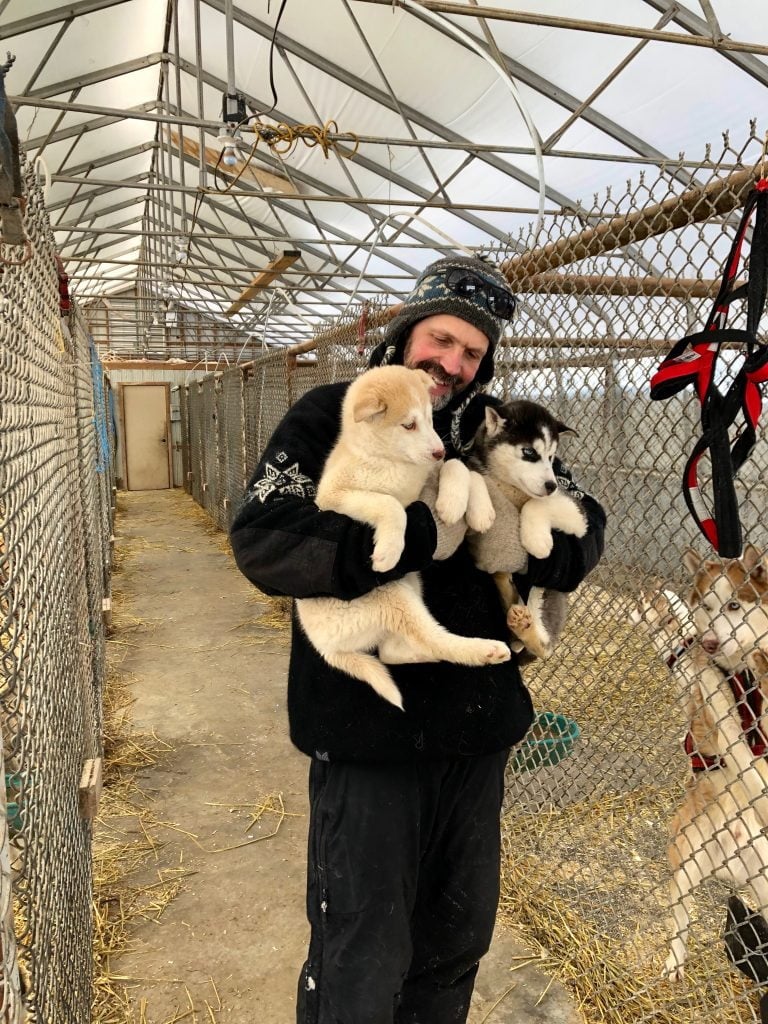 Éric Forget tient deux chiots dans ses bras à l'entrée de son chenil, le Chien-Loup, à Amos, en Abitibi-Témiscamingue avant notre balade en traîneau à chiens.