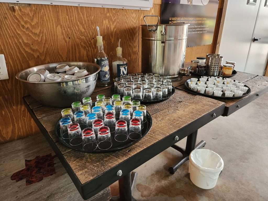 La photo présente la table de dégustation du corridor touristique de la Miellerie de la Grande Ourse. On peut y goûter de l'hydromel, de l'eau de vie, du gin, du miel et d'autres produits dérivés. 